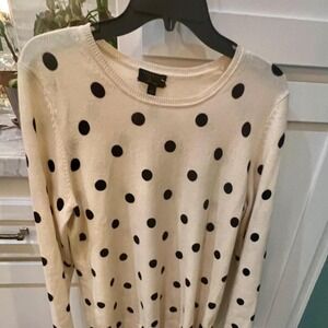 Luxe French Girl Style Cashmere Polka Dot Sweater Cream Black Crew Neck Womens L